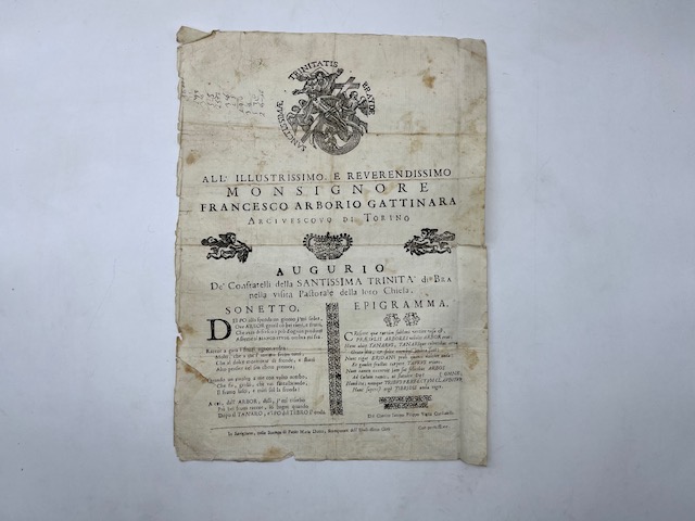 All'illustrissimo e reverendissimo Monsignore Francesco Arborio Gattinara arcivescovo di Torino. Augurio dei Confratelli della Santissima Trinità di Bra nella visita pastorale della loro Chiesa